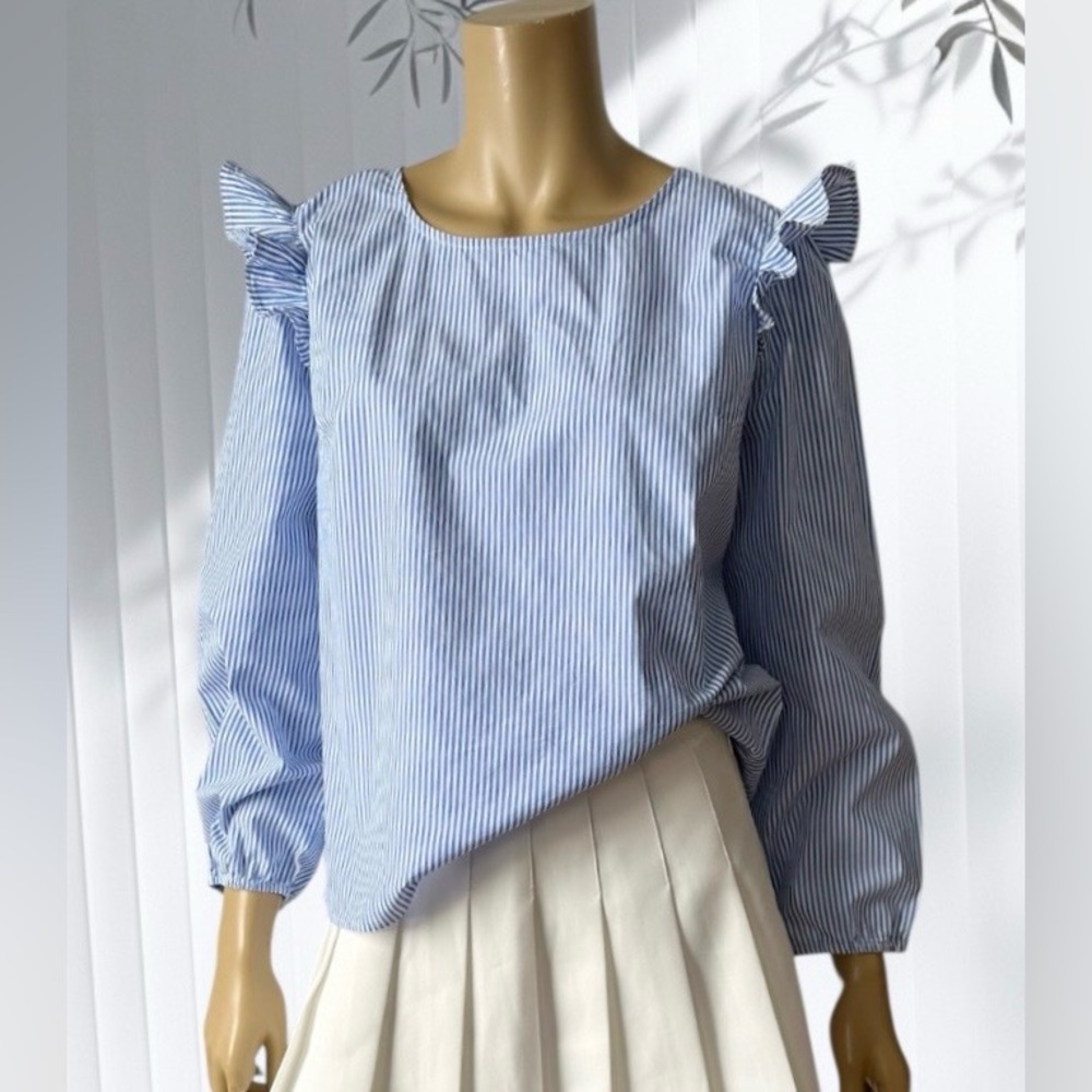 J. Crew Blue and White Striped Blouse with Ruffle Sleeves - Picture 3 of 13